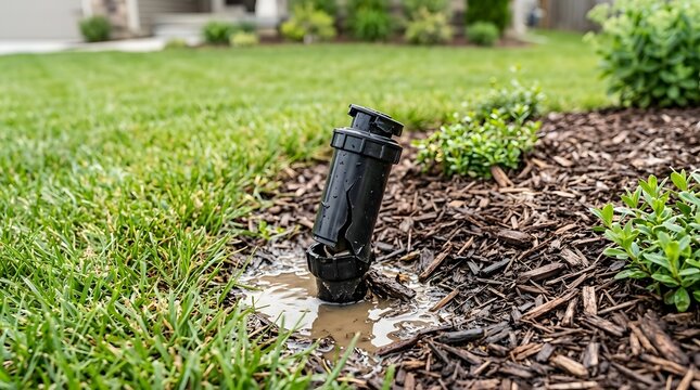 Broken sprinkler head leaking water in mulched garden bed area