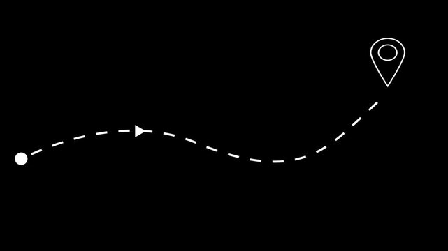 Animated dashed route line leading to map pin location on dark background. White navigation path with arrow and destination marker. Minimal travel and map concept