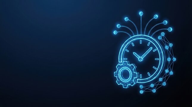 Glowing blue 3D wireframe clock with gear and neural nodes on dark tech background ideal for AI, machine learning, and digital innovation projects.