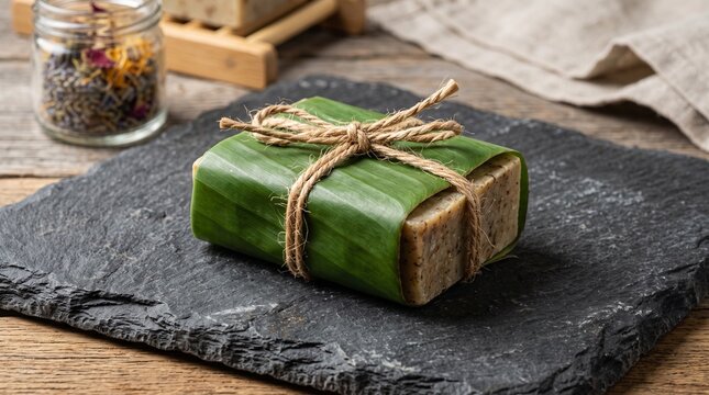 Organic handmade soap wrapped in fresh banana leaf with coir twine