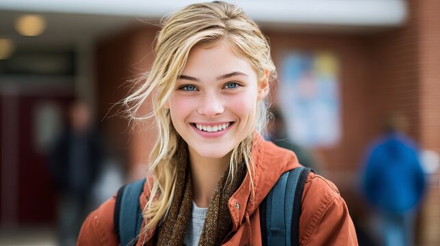 Radiant young woman with flowing blonde hair smiling genuinely, stands outdoors near a school entrance, concept for education and youthful vitality
