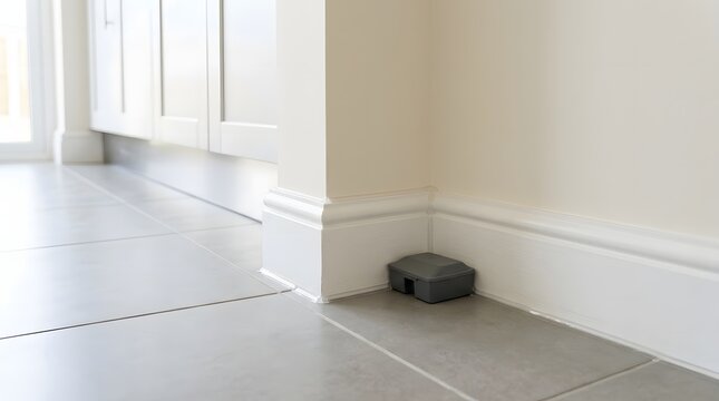 Indoor bait station set discreetly along clean kitchen baseboard