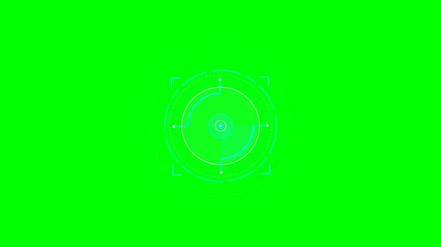Futuristic HUD target reticle with rotating concentric circles and digital interface elements on green screen