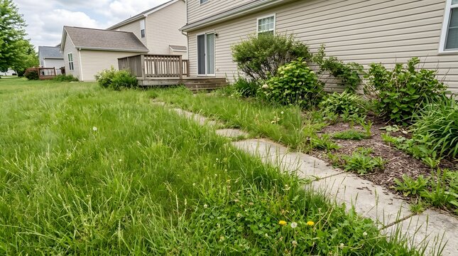 Overgrown backyard path with tall grass beside neglected garden