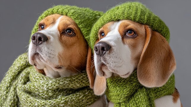 Two adorable beagle dogs wearing green knitted hats and scarves gaze forward, symbolizing warmth and companionship against a soft grey backdrop