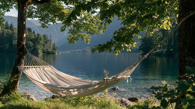 H&auml;ngematte am ruhigen Bergsee in idyllischer Sommerlandschaft