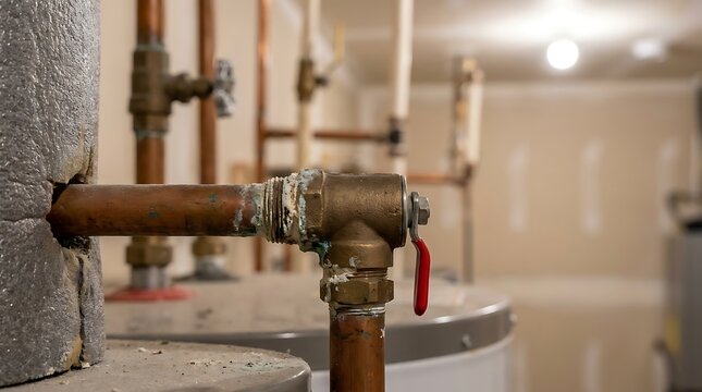 Detailed view of corroded copper pipes and valves connected to a water heating system, indicating aging utility infrastructure and the importance of timely home plumbing maintenance