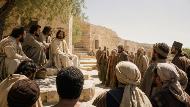 Jesus teaching a crowd in an ancient village courtyard. Biblical scene illustrating the parable of the lost sheep, compassion, repentance, salvation, and divine forgiveness.