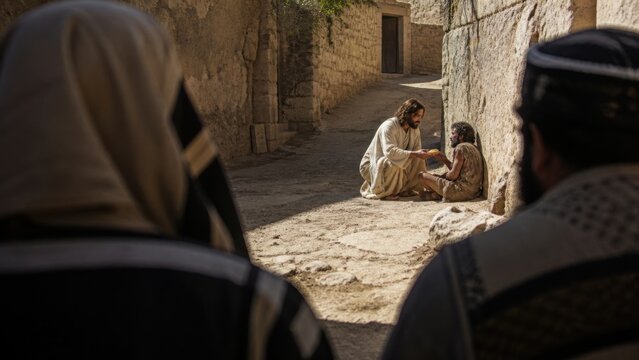 Jesus Christ comforting a repentant man in an ancient stone street. Biblical parable of the lost sheep, compassion, forgiveness, salvation, and joy in heaven over one sinner who repents.