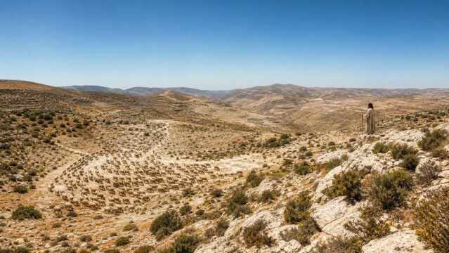 Jesus as the Good Shepherd watches over a flock of sheep in a rugged desert landscape. Biblical parable of the lost sheep, faith, compassion, repentance, and divine care.