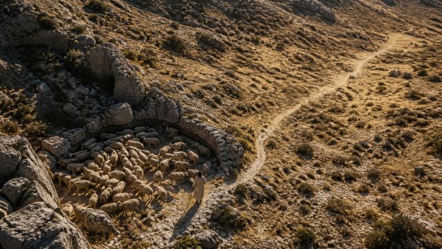 Shepherd watching a flock of sheep in a rocky wilderness landscape. Biblical parable of the lost sheep, faith, repentance, compassion, and spiritual guidance.