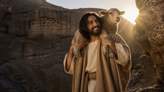 Jesus carrying a lost sheep on his shoulders through a rocky wilderness. Biblical parable of the lost sheep, compassion, salvation, repentance, and divine love.
