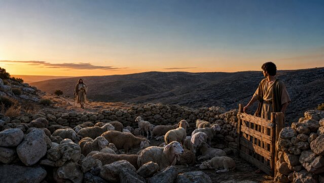 Shepherd guarding a flock of sheep beside a stone enclosure as Jesus searches for the lost sheep at sunset. Biblical parable of redemption, repentance, compassion, and divine love.
