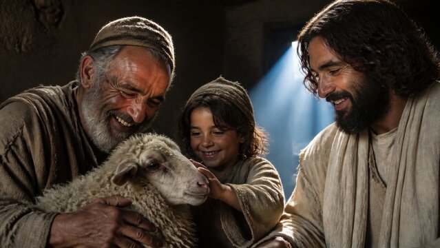 Jesus Christ, shepherd, and child joyfully reunite with a rescued sheep. Biblical parable of the lost sheep, compassion, repentance, forgiveness, and heavenly celebration.
