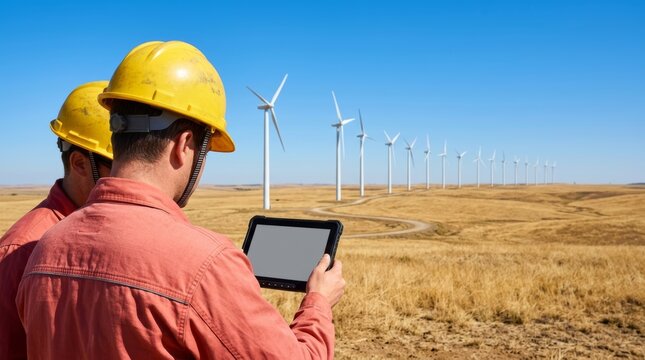 Wind farm monitoring technology - technician with digital tablet inspecting wind turbine project in field for energy optimization