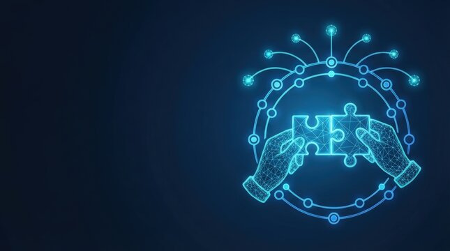 Glowing blue 3D wireframe hands connect a digital brain microchip network, ideal for AI, machine learning, and futuristic tech innovation projects with dark copy space.
