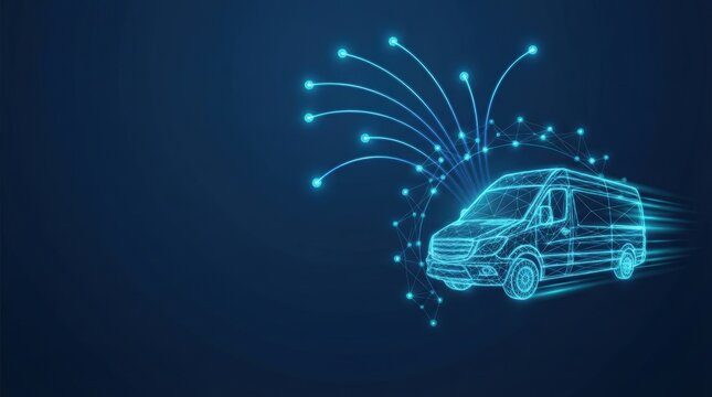 Glowing blue 3D wireframe van with digital network connections showcases cutting-edge AI logistics and smart transportation innovation for tech presentations.
