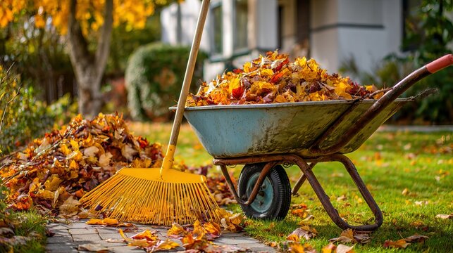 Rusted metal wheelbarrow overflows with vibrant autumn foliage collected on a lawn, representing seasonal cleanup and yard maintenance