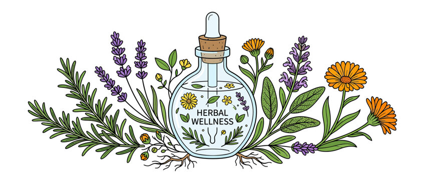 Herbal wellness potion bottle surrounded by medicinal plants and flowers