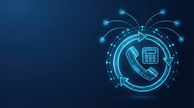 Glowing blue wireframe phone icon with neural network connections showcasing advanced AI communication tech against dark tech background perfect for digital science and innovation.