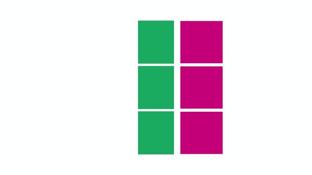 A jewel-tone three by three square tile grid in cobalt blue emerald green and magenta flips tiles individually in a staggered sequence with scale bounce