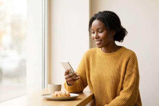 African American woman holding smartphone near window in cafe