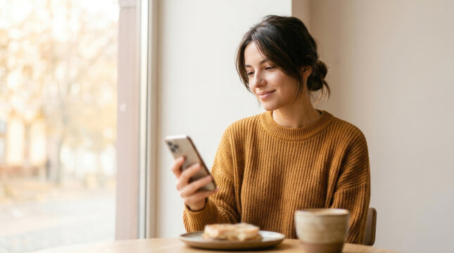 Young woman using smartphone while sitting at cafe table near window