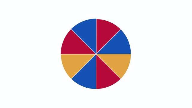 A geometric color wheel mosaic badge in ruby red sapphire blue and topaz yellow rotates eight wedge segments counter-clockwise popping each outward in scale