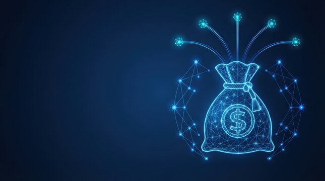 Glowing blue wireframe money bag with network nodes symbolizes blockchain, AI finance, and digital innovation for tech presentations and futuristic concepts.