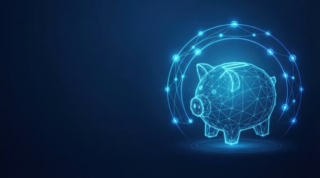 Glowing blue 3D wireframe piggy bank symbolizes AI-driven financial tech innovation with dark background for digital science and high-tech applications.