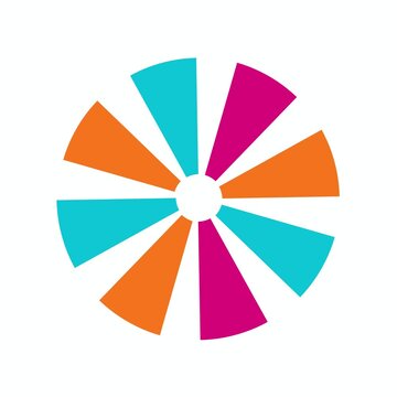 A geometric color block starburst in orange cyan and magenta pops eight rectangular ray blocks outward while rotating one hundred eighty degrees on a solid white background