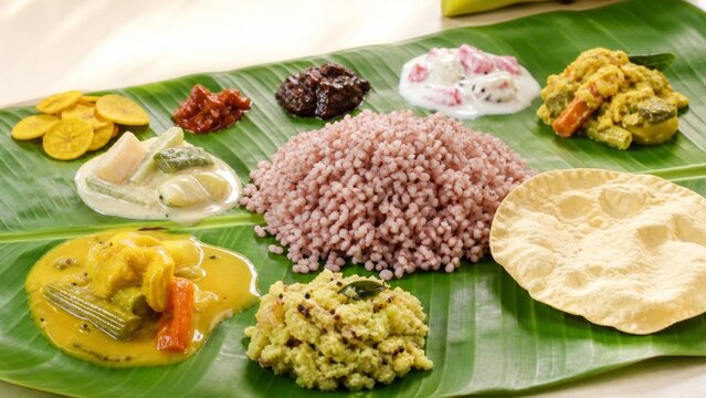 Traditional South Indian meal served on a fresh banana leaf