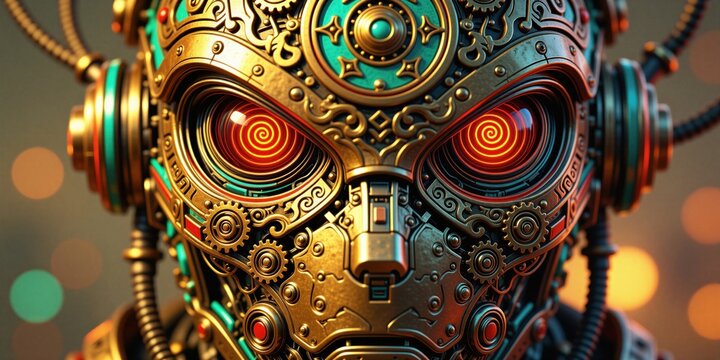Close up view of steampunk robot head with intricate gear details, glowing spiral eyes. Gold bronze, teal metallic armor textures surround face of artificial intelligence machine character. Creative