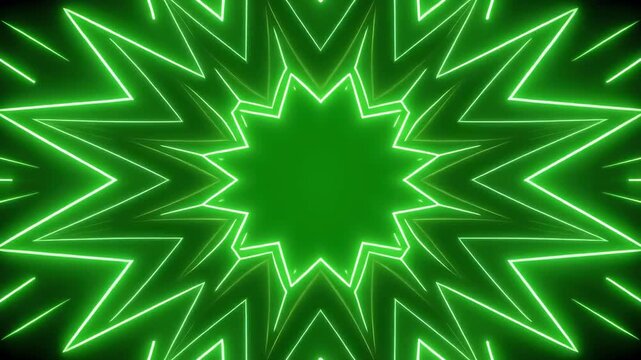 Green neon geometric star patterns pulsing with light against black background seamless motion