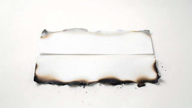 Two pieces of burnt paper with charred edges isolated on white background