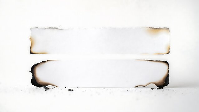 Two horizontal strips of burnt paper with charred edges isolated on white background