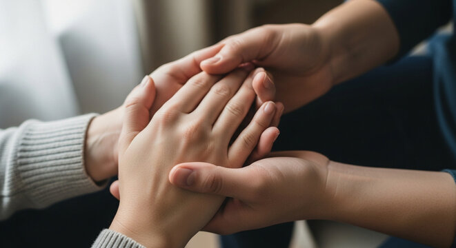 A heartfelt close-up shot capturing two individuals' hands clasped together, symbolizing deep comfort, mutual support, and profound empathy during a moment of shared human connection and care