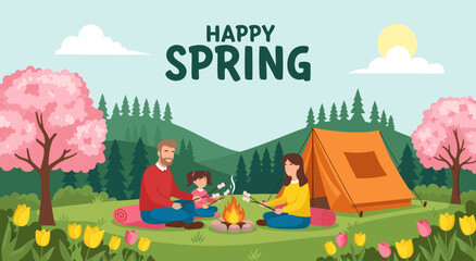 Fototapeta premium Happy Spring Camping Trip Illustration Featuring a Family Roasting Marshmallows by a Campfire in a Scenic Blooming Meadow with Mountains