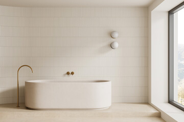 Contemporary beige bathroom interior with freestanding bathtub, linear wall tiles, brass fixtures,...