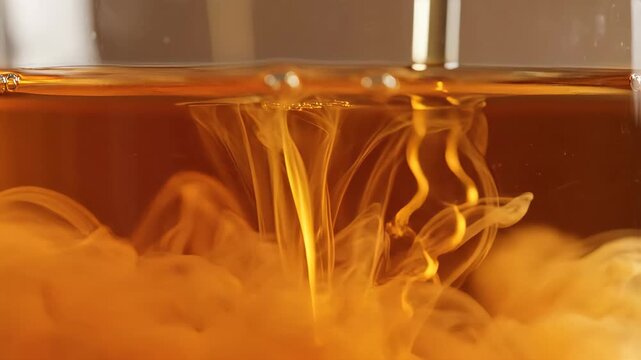 Dynamic liquid motion of sinuous translucent tendrils in a rich caramel colored infusion, creating hypnotic liquid patterns for beverage marketing, food blogs, and drink making process video