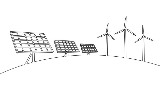 Continuous line art vector illustration of solar panels and wind turbines on green renewable energy hill