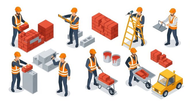 Isometric Construction Site Workers Set with Builders Laying Bricks, Using Tools, and Operating Equipment on White Background