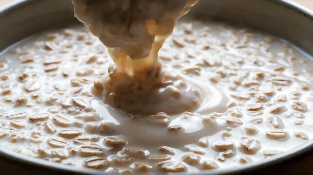 Oats and milk stirred with a wooden utensil, forming subtle eddies on a creamy porridge-like surface, perfect for Healthy Eating Blogs, Breakfast Recipe Videos, and Culinary Process Footage