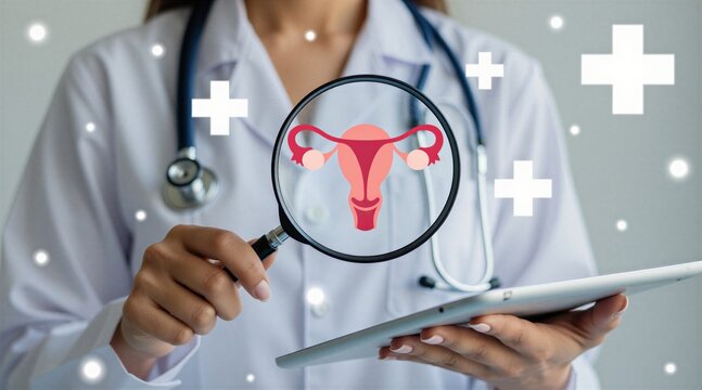 Doctor holds magnifying glass showing female reproductive system icon. Medical expert examines uterus, ovaries graphic for women health checkup. Pro specialist reviews gynecologic screening data