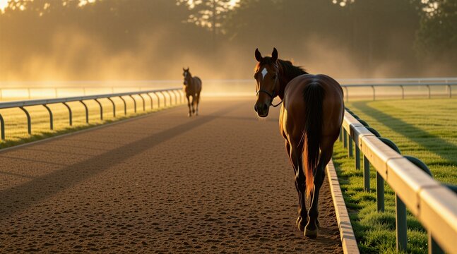 Brown racehorses walk along dirt track at sunrise morning. Calm animals move on sandy oval path during golden light with soft mist. Professional sport horses prepare for competition on outdoor arena