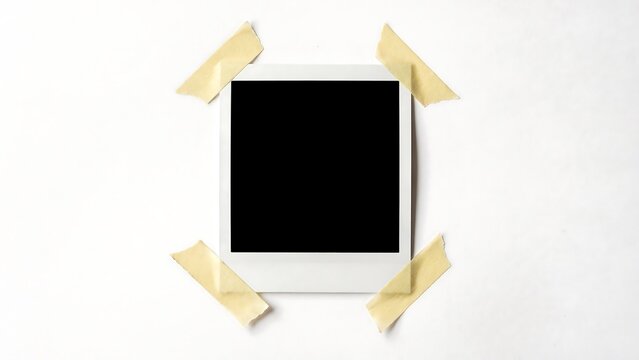 Blank instant photo frame with masking tape isolated on white background