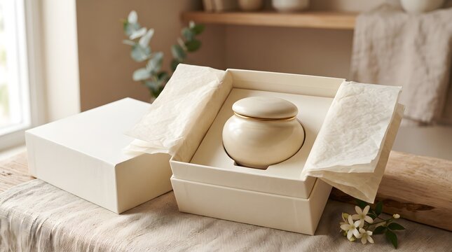 Opened gift box with ceramic urn on table.