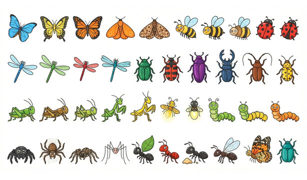 insects, insect, bug, garden, butterfly, bee, dragonfly, beetle, ladybug, grasshopper, spider, caterpillar, ant, mantis, moth, firefly, cricket, vector, illustration, cartoon, flat, handdrawn, collect