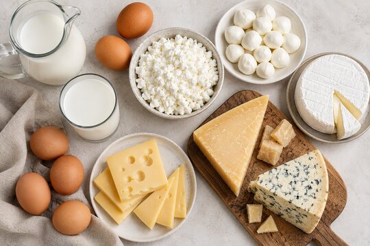 Protein rich dairy foods with cheese, milk and fresh eggs arranged in an overhead flat lay, healthy nutrition and calcium rich ingredients for a balanced diet.
