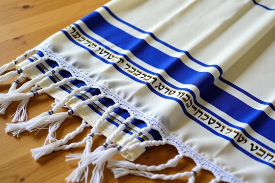Folded white tallit with blue stripes rests on wooden table surface. Traditional jewish prayer shawl features hebrew text embroidery along gold metallic border. Religious fabric garment used in